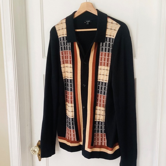 Express Men’s Button Up Collated Sweater Size L Cotton Preppy Brown Black Woven - Picture 2 of 13